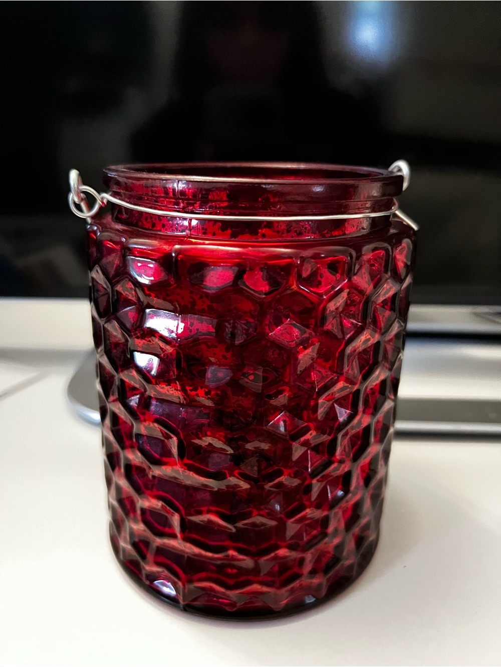 Red Textured Glass Candle Holder Lantern